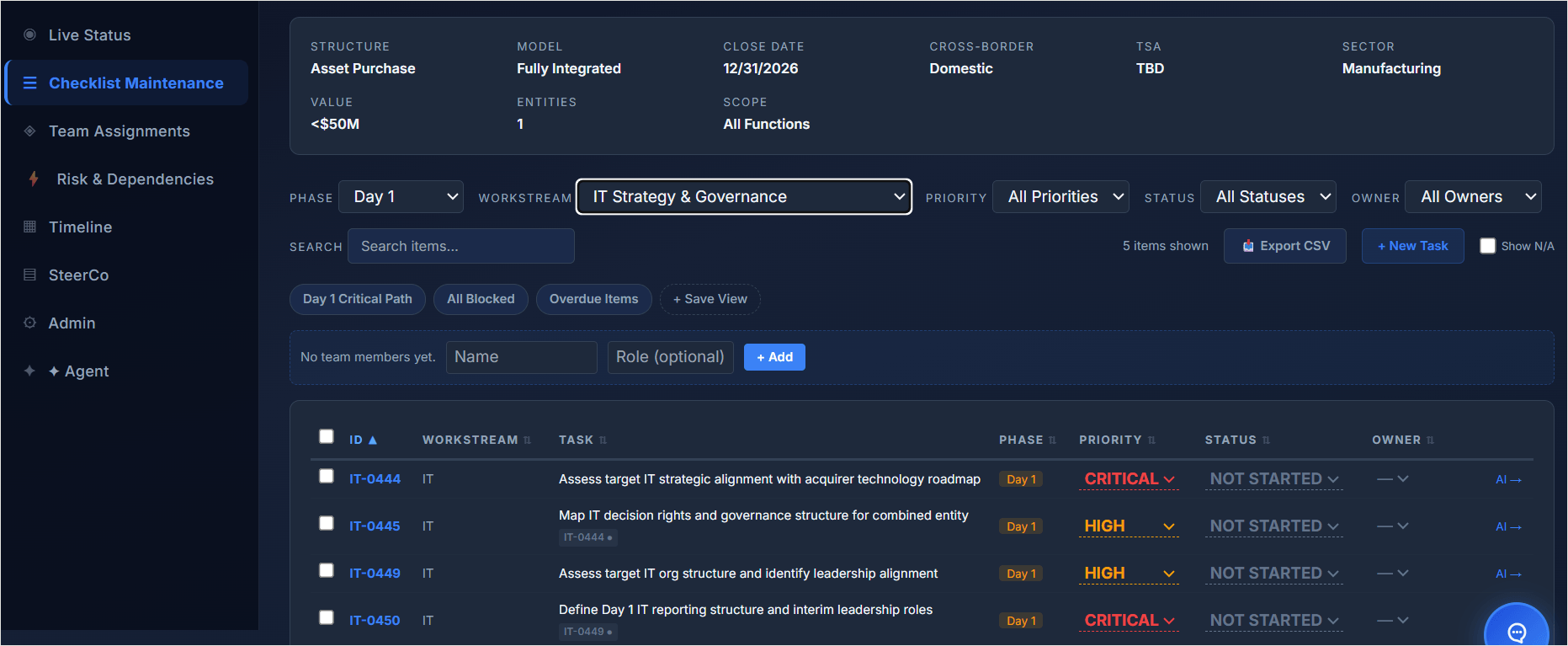 Deal Mapper integration checklist, Day 1 view